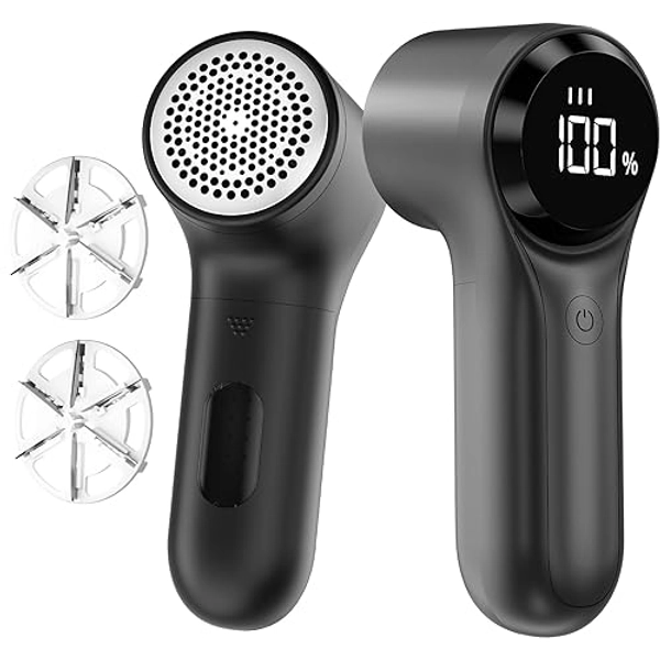 Buywoo Fabric Shaver, Electric Lint Remover, Rechargeable Lint Shaver, Sweater Defuzzer to Remove Pilling, Battery Operated, 6-blade, 3-speed with LED Display for Clothes, Upholstery, Furniture, Black - Black