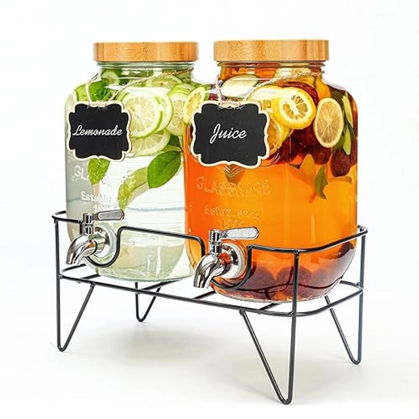 Getränkespender aus Glas 4 Liter mit Wasserhahn, 2er-Pack Wasserspender mit Ständer, Limonaden-Getränkespender für Eistee, Eisgetränke, Kombucha-Spender Geeignet für Partys, Hochzeiten - Bambusabdeckung