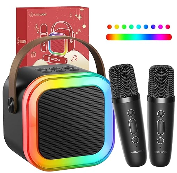 Kinglucky TOP Karaoke Machine for Kids with 2 Wireless Microphones (with Fun Voice Effects & LED Lights) Most Popular Birthday Easter Gifts for 3-12+ Years Old Girls Boys for Family Home Party Black - 2 Mics - Black