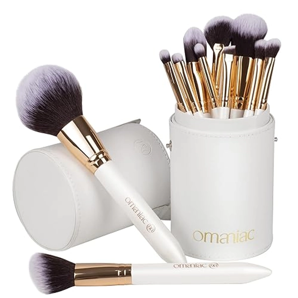 OMANIAC Makeup Brush Set Professional, 12 Pearlescent Wood Handle Makeup Brushes, Premium Cruelty-Free Synthetic Fiber Hair, Travel Make up Brushes Set with Case (White). - Rose Gold and White
