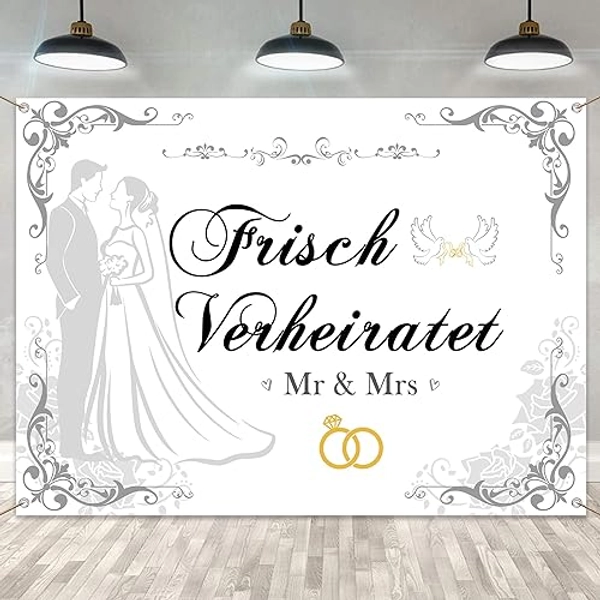 Hochzeit Deko Frisch Verheiratet Girlande - Hochzeitsdeko Just Married Banner Mr & Mrs Hochzeitsbanner Hintergrund, Tür Garten Dekoration Türdeko für Hochzeit Standesamt Brautpaar 110 x 150 - Weiß Frisch Verheiratet