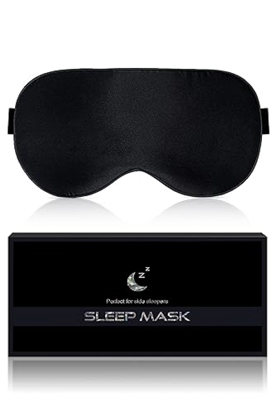 Aosun Schlafmaske Seide für Seitenschläfer, 100% Bio Maulbeerseide, 9 8% Lichtblockierende Schlafbrille mit Verstellbarem Band für Frauen & Herren & Kinder, Schlaf Augenmaske für Reise Gadget, Schwarz - Samtschwarz