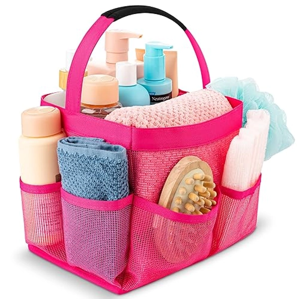 Masirs Mesh Shower Caddy Bag - (9 Pocket) Large Collapsible, Portable Bathroom Organizer for Travel, Gym, & Dorm - Easily Carry & Organize Bathroom Toiletry Essential (Pink) - Pink - 9-Pockets