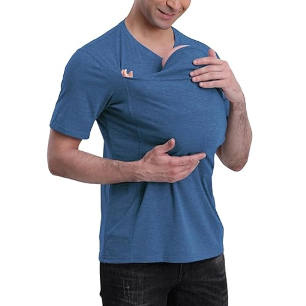 Kangaroo Shirt for Dad and Baby, Dad Shirt with Baby Pouch V Neck Dad Kangaroo T-Shirt Dad Baby Carrier Shirt - Blue Hat - Large