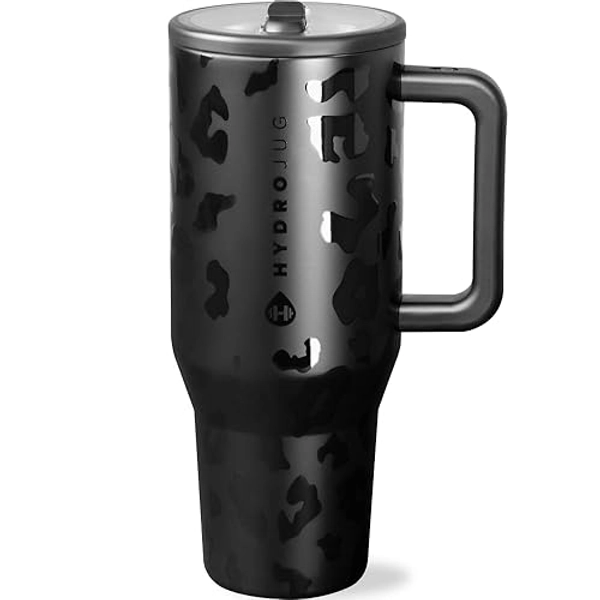 HydroJug Traveler - 40 oz Water Bottle with Handle & Flip Straw - Fits in Cup Holder, Leak Resistant Tumbler-Reusable Insulated Stainless Steel & Rubber Base - Gifts for Women & Men, Black Leopard - 40oz - Black Leopard