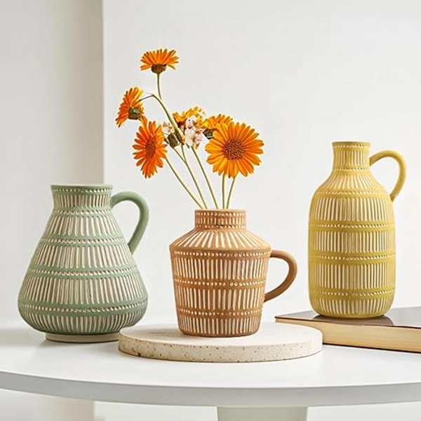 LIZOFER Ceramic Vase Set of 3 for Living Room Bedroom Modern Yellow Brown Green Fake Flower Plant Vases for Home Decor Office Centerpieces Antique Retro Rustic Farmhouse Vintage Classic Gift - Multicolor