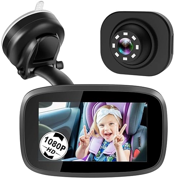 Shybaby 1080P Baby Car Mirror, 4.3" Baby Car Camera Monitor with 170° Wide View, HD Night Vision Function and Reusable Sucker Bracket, Safety Rear Facing Car Set Camera for Infants Kids Toddlers