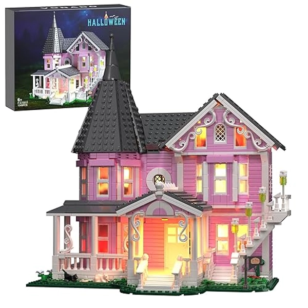 Millionspring Pink Palace with LED light Building Block Set, Detailed Horror House Model Building Kit,Creative Gift for Girls,Fans,Kids and Adults(1349PCS)