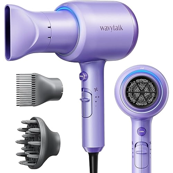 Wavytalk Hair Dryer with Comb, 1875W Hair Blow Dryer with Diffuser Hair Dryer for Curly Hair Fast Drying Hair Care, Purple - Purple