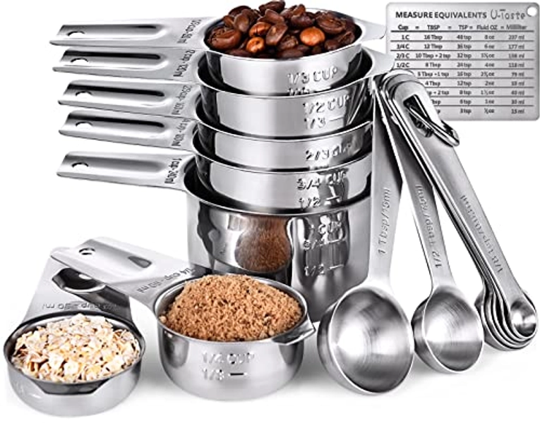 Measuring Cups, U-Taste Measuring Cups and Spoons Set of 15 in 18/8 Stainless Steel : 7 Measuring Cups and 7 Measuring Spoons with 2 D-Rings and 1 Professional Magnetic Measurement Conversion Chart - (02)--Cups and Spoons Set of 15