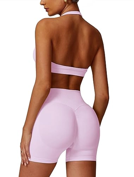 ABOCIW Workout Sets for Women 2 Piece seamless Halter Sports Bra Scrunch Butt Impact Shorts Gym Yoga Outfits - Pink - Small