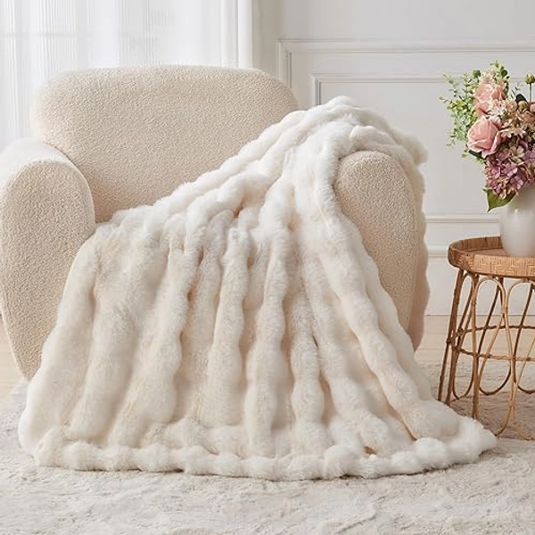 Lotus Karen Faux Fur Blanket - Cream White Twin Size, Big Bubble Rabbit Fluff, 60x80 Inches - Cream White - Twin (60" x 80")