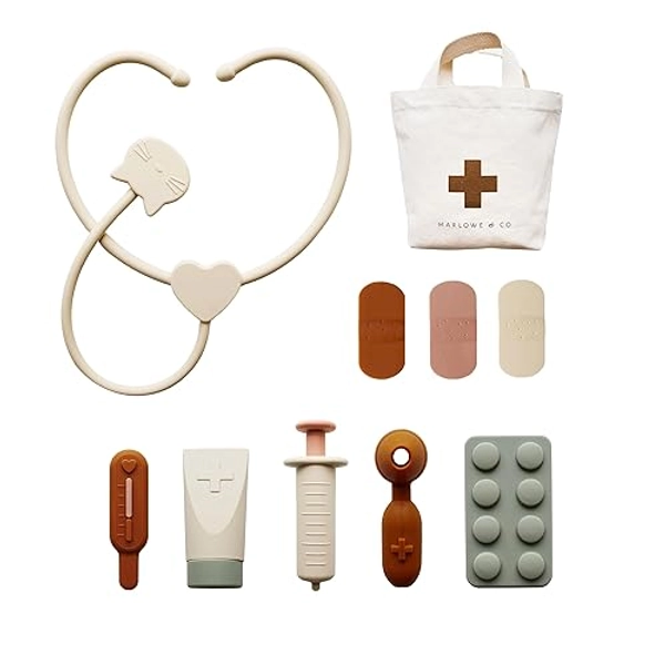 Marlowe & Co Silicone Pretend Play Doctor Kit for Children, 10 Piece Pretend Play Doctor and Vet Kit with Storage Bag