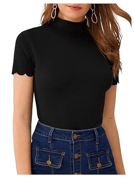 SweatyRocks Women's Mock Neck Ribbed Knit Scallop Short Sleeve T Shirt Tops - Medium - Black
