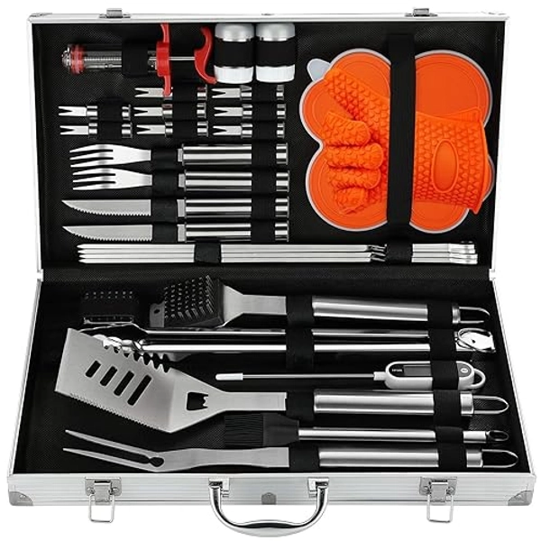 N NOBLE FAMILY 30PCS Hochwertiges Edelstahl Grill Zubehör Set - Professionelle Langlebige Grillset im Koffer - Verschiedene und Komplette Grill Sets - Grillzubehör für Männer Frauen Geschenk - Silber