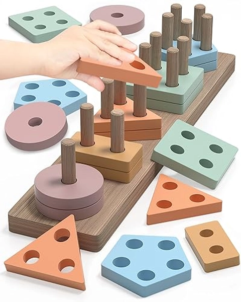 kecristv Montessori Toys for 1 2 Year Old Girl and Boy, Shape Sorter Wooden Toys for Toddlers 1-3, Toddler Toys Age 1-2, 1 2 Year Old Girl Boy Gifts, Preschool Toddler Puzzles Toys - Brown