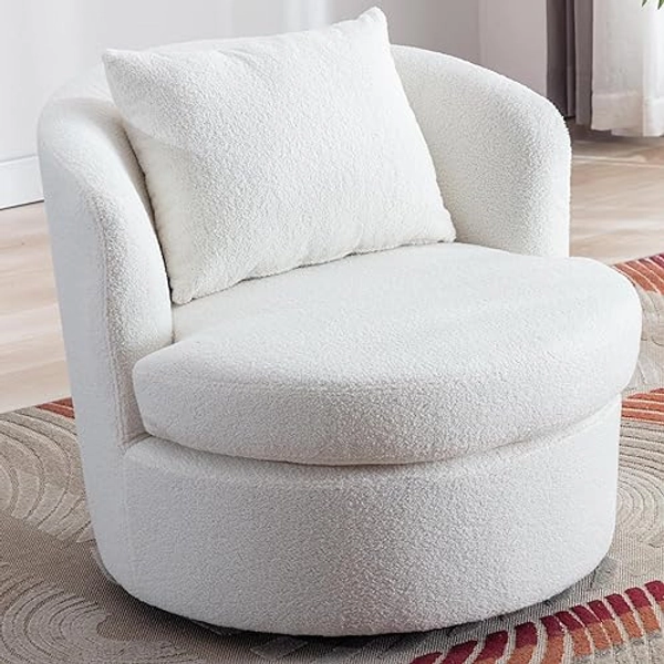 INZOY Swivel Barrel Chair with Lamb Wool Fabric, White Swivel Accent Chair, Sherpa Swivel Chair with Plump Pillow, Comfy Round Accent Chair for Living Room, Swivel Round Chair with Removable Cushion - 1 - White