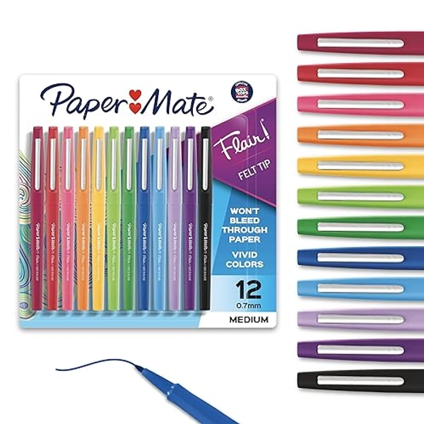 Paper Mate Flair Felt Tip Pens, Medium Point (0.7mm), Assorted Colors, 1 Pack of 12 - 12 Count Flair