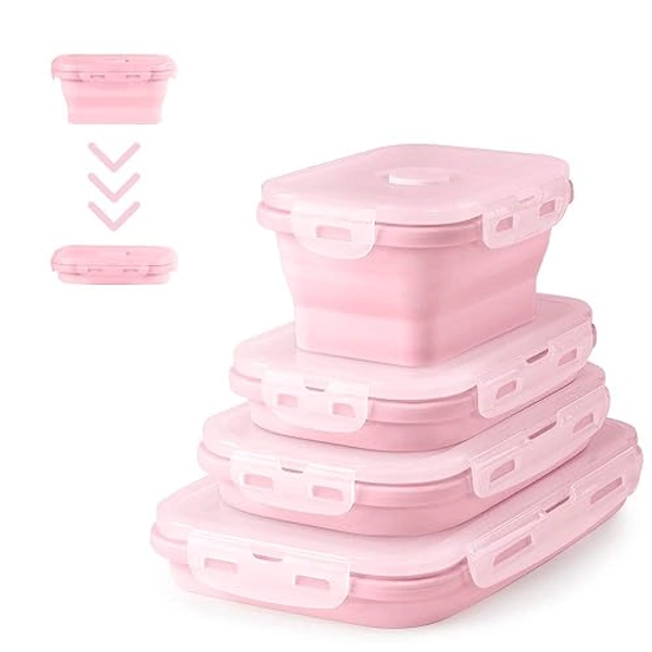 Virklyee Faltbare Frischhalteboxen 4 PCS Faltbare Frischhaltedosen Brotdosen aus Silikon Faltbare Silikon Brotbox Faltbare leicht zu reinigen, leicht zu tragen (Rosa o2) - (Neu-rosa)