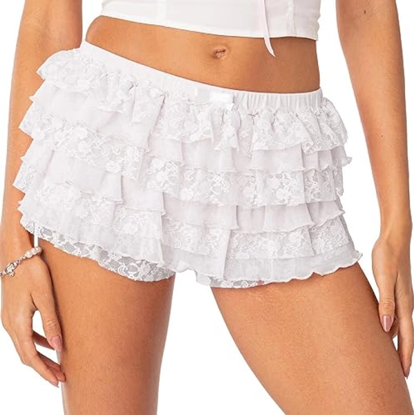 NUFIWI Women Lolita Bloomers Cute Ruffle Shorts Lace Pumpkin Pants Sexy Boyshorts Layered Bottoms Y2k Sweet Pettipants - F White - Small