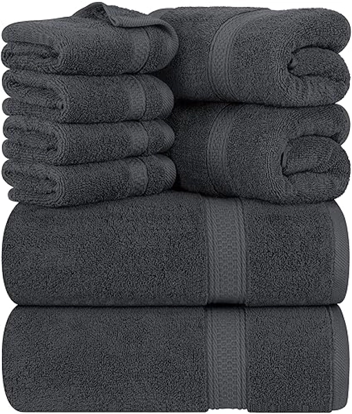 Utopia Towels 8-Piece Premium Towel Set, 2 Bath Towels, 2 Hand Towels, and 4 Wash Cloths, 600 GSM 100% Ring Spun Cotton Highly Absorbent Towels for Bathroom, Gym, Hotel, and Spa (Grey) - Grey