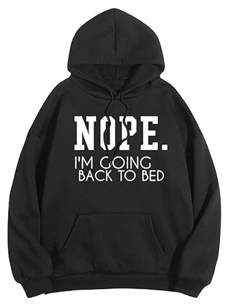 SHENHE Women's Slogan Letter Print Long Sleeve Hooded Sweatshirt Pullover Hoodie Tops - Large - Black