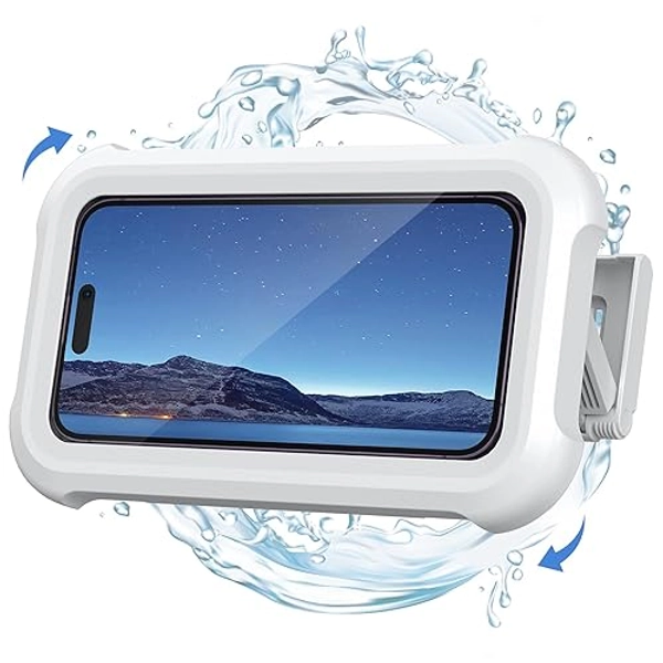 Lamicall Shower Phone Holder Waterproof - 480° Rotatable Retractable Adjustable Shower iPhone Case Holder, Bathroom Wall Phone Mount Stand Water Proof Anti Fog Case, Accessories for 4-7" Cellphones - Snow White