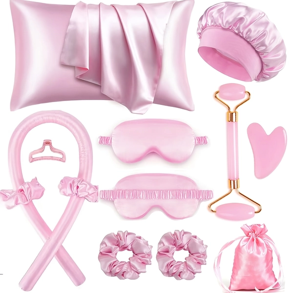 Satin Hair and Skin Queen Set - 12pcs Hair Styling Tools Set, Heatless Curling Set, Overnight Hair Curlers, 1pc Satin Pillowcase, Face Massager, Face Roller Skin Care Tools, 1pc Soft Eye Mask for Sleeping