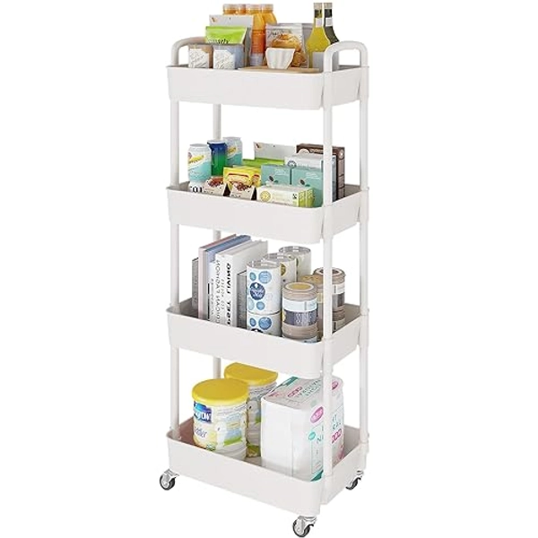 Laiensia 4-Tier Storage Cart,Multifunction Utility Rolling Cart Kitchen Storage Organizer,Mobile Shelving Unit Cart with Lockable Wheels for Bathroom,Laundry,Living Room,With Classified Stickers,White - 4-Tier - White