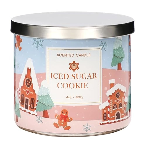 Christmas Candle, Christmas Scented Candle Sugar Cookie and Vanilla Scented, Large 3 Wicks Scented Candle, 14 oz, Christmas Candle Gift - House