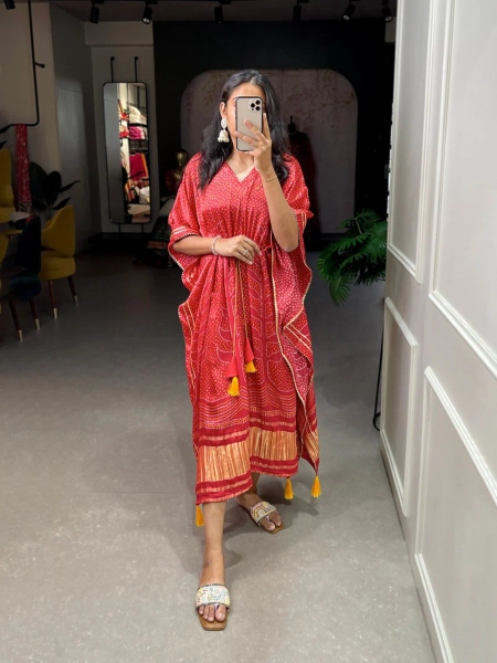 Red Pure Gaji Silk Digital Print with Gotta Patti Lace Border also comes with tassels Kaftan Dress | Default Title