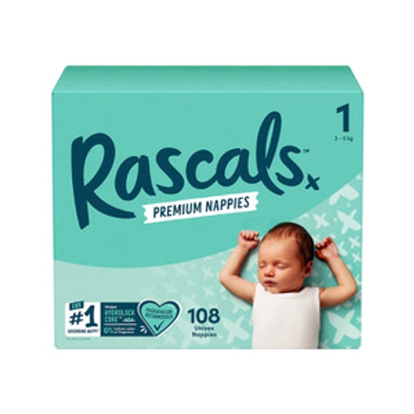 Rascals Premium Nappies Size 1 (3-5Kg) | 108 Pack