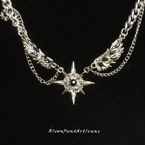 Gothic Winged Star Necklace – Fallen Angel Pendant, Black Gem Layered Chain Choker, Dark Punk charm, Statement Jewelry