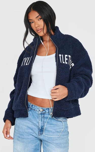 PRETTYLITTLETHING Navy Graphic Zip Up Fleece Jacket