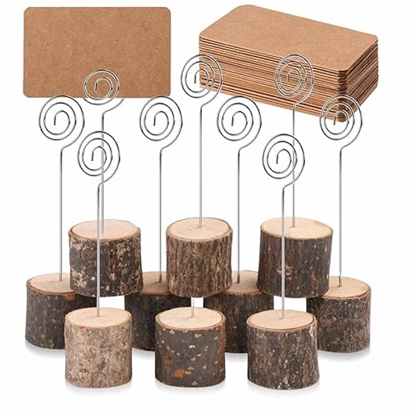Toncoo 10Pcs Premium Wood Place Card Holders with Swirl Wire and 20 Pcs Kraft Place Cards, Rustic Wood Table Number Holders Stands, Name Cards Photo Holders for Wedding Party Sign Food Cards Label
