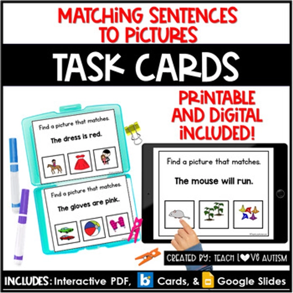 Matching Sentences to Pictures | Reading Printable Task Cards | Boom Cards