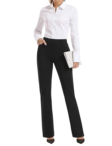 BANETTETA Women's High Waisted Stretch Dress Pants, Black Work Pants with Pockets, Tummy Control Slacks, Petite (6-18) - 6 - Black