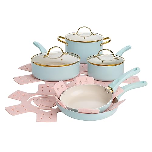 Paris Hilton Epic Nonstick Pots and Pans Set, Multi-layer Nonstick Coating, Tempered Glass Lids, Soft Touch, Stay Cool Handles, Made without PFOA, Dishwasher Safe Cookware Set, 12-Piece, Aqua - 12-Piece - Aqua