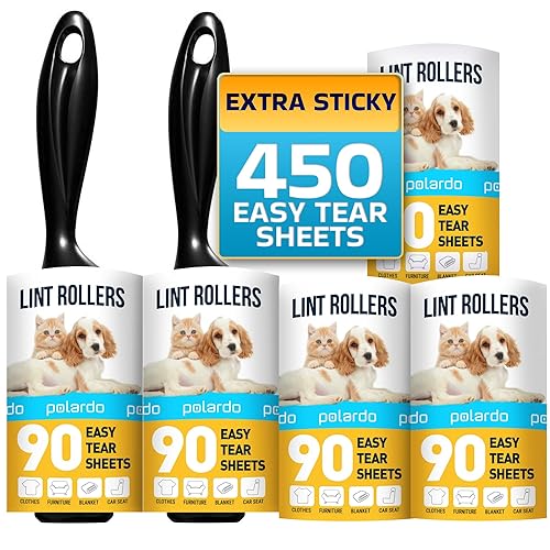 Lint Rollers for Pet Hair, Sticky, Remover for Couch, Clothes Furniture and Carpet. Dog Hair Remover Cat Hair, Animal Fur, Fuzz. 5 Large Lint Rollers - 5 pcs - 450 Sticky Sheets