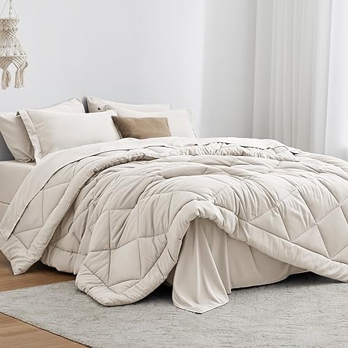 Love's cabin Full Comforter Set Off White, 7 Pieces Full Bed in a Bag, All Season Full Bedding Sets with 1 Comforter, 1 Flat Sheet, 1 Fitted Sheet, 2 Pillowcase and 2 Pillow Sham - Full - Off White
