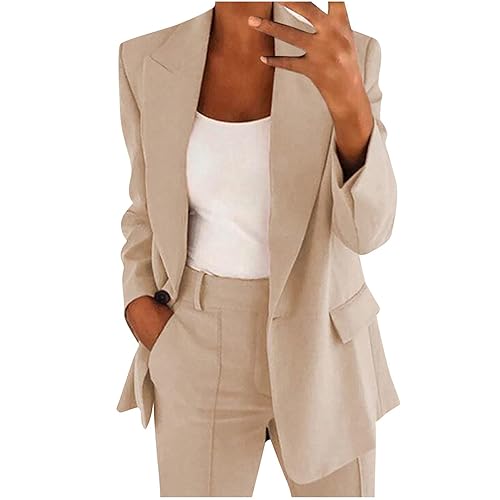 Blazer Sets Women 2 Piece Outfits Business Casual Outfits 2025 Dressy Casual Pant Suits Plus Size Wide Pants Suit Set - Medium - 02# Light Khaki