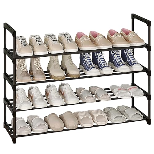 Calmootey 4-Tier Shoe Rack, Tall Large Capacity 20 Pairs Shoes Storage Organizer, Stackable Wide Shoe Shelf for Entryway, Hallway, Black - 4-Tier