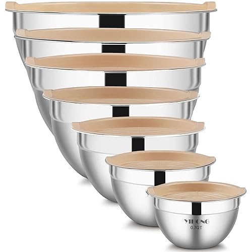 7 Piece Metal Mixing Bowls with Lids for Kitchen, Stainless Steel Set Ideal for Baking, Prepping, Cooking and Serving Food, Nesting Design for Space Saving Storage (Khaki) - Khaki
