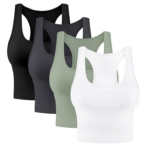4 Pieces Women's Crop Tops Cotton Basic Tank Tops Racerback Sleeveless Sports Workout Crop Tank Tops - Small - Black,white,dark Grey,olive