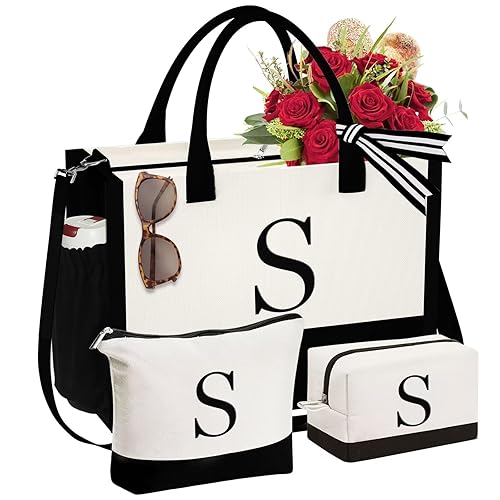 YOOLIFE Initial Canvas Tote Bag & Makeup Bag, Personalized Birthday Gifts for Women Mom Daughter Sister Friends Teacher, Bridesmaid Wedding Gifts - S