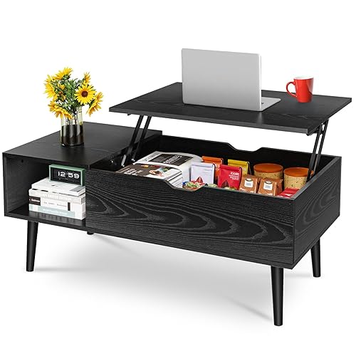 Wood Lift Top Coffee Table with Hidden Compartment and Large Storage Shelf, Lift Tabletop Dining Center Table for Home Living Room Office, Black - Black