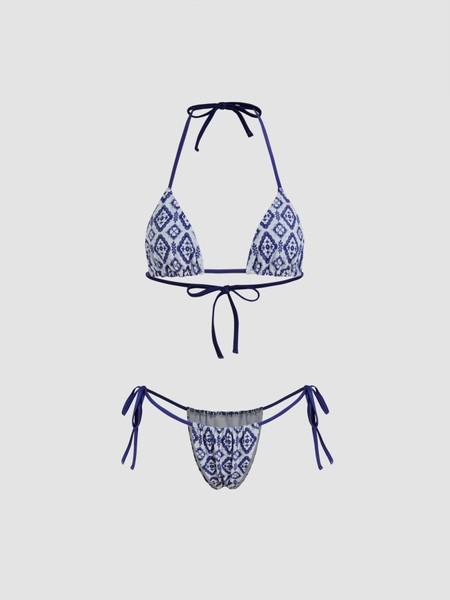 Halter Neckline Geometric Floral Knotted Triangle Tie Side Bikini Set