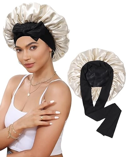 Satin Bonnet Silk Bonnet for Sleeping Silk Sleep Cap Double Layer Hair Bonnet with Elastic Tie Band for Curly Hair Night Cap - One Size - Black + Champagne