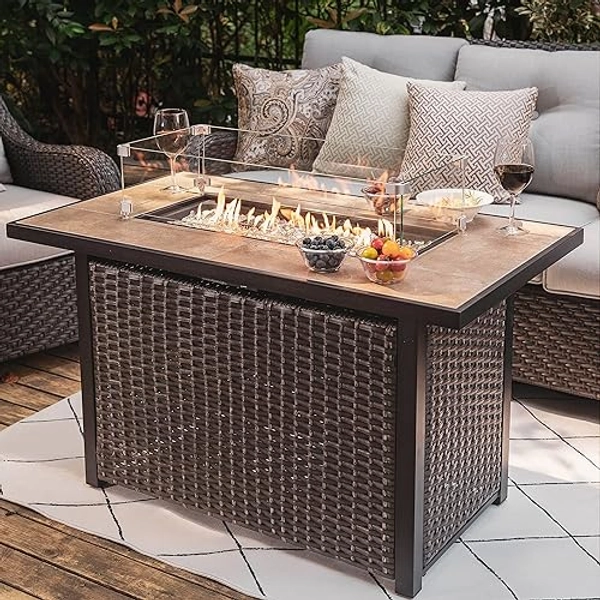 Nuu Garden Outdoor 43 Inch 50,000 BTU Propane Gas Fire Pit Table, Ceramic Tabletop, Water-Proof Oxford Cover, Glass Fire Pit Wind Guard, Glass Beads, Lid Included, Dark Brown and Coffee - Ceramic Tabletop