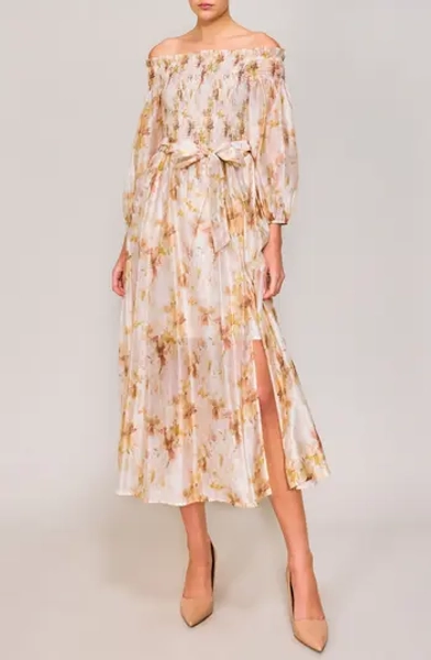 Smocked Bodice Long Sleeve Organza Midi Sundress